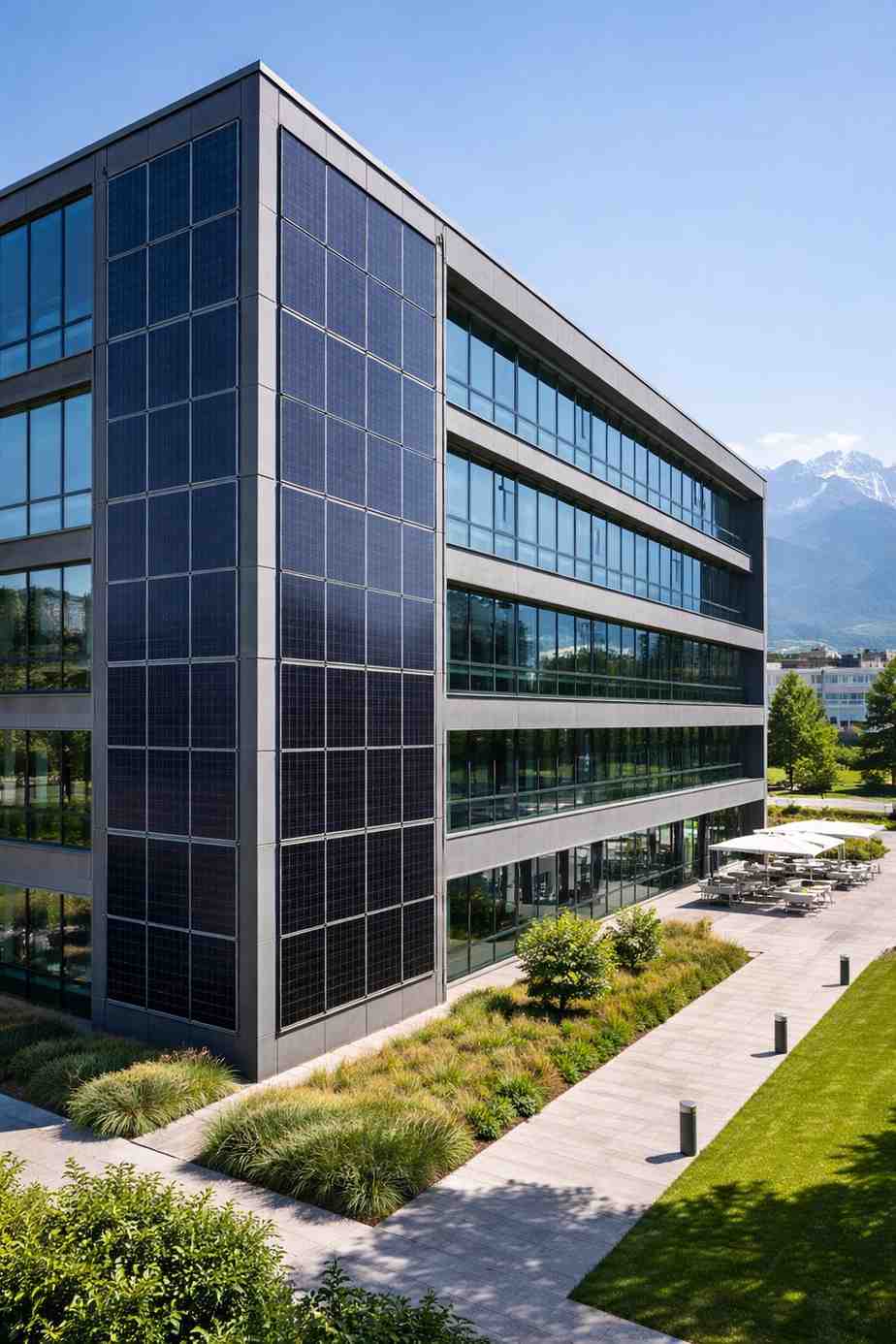 Façade photovoltaïque sur bâtiment tertiaire